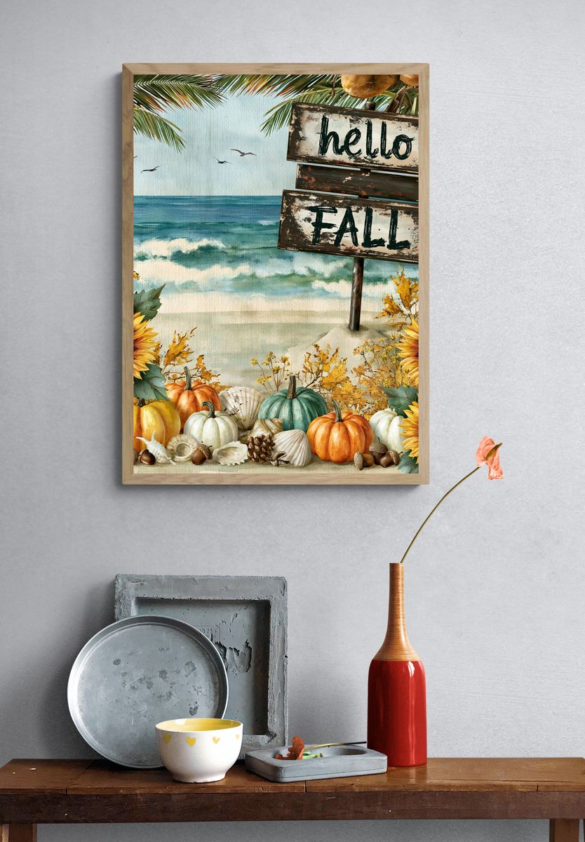 Hello Fall Beach Sign Poster. — room view 3