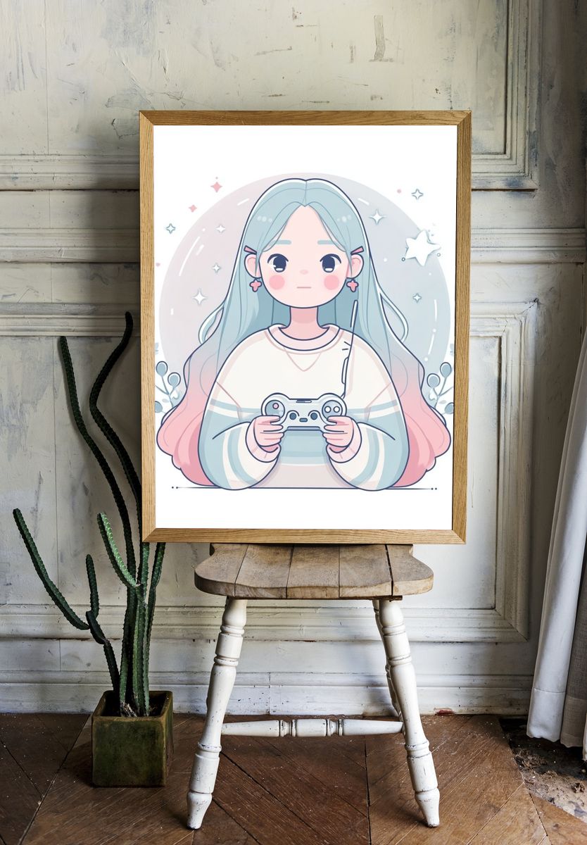 Pastel Gamer Girl Illustration Poster. — room view 1