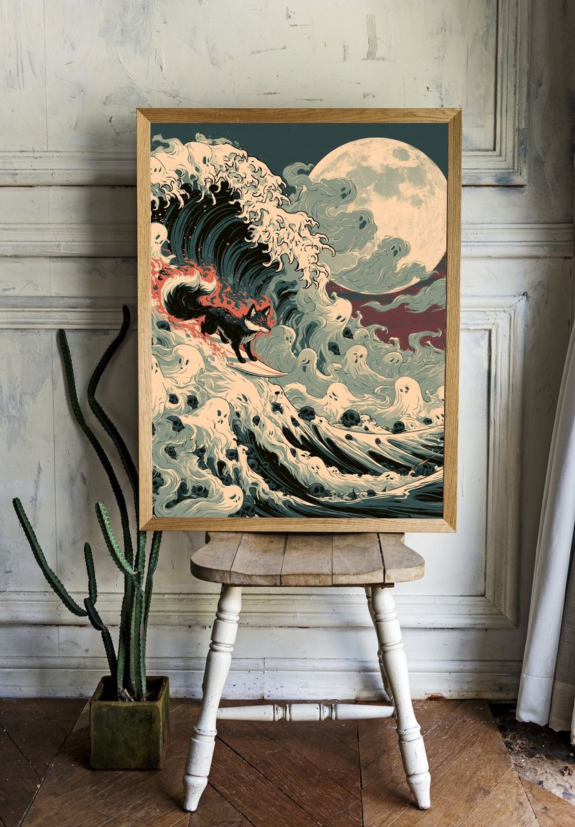 Fox Surfer Moonwave Illustration Poster. room preview