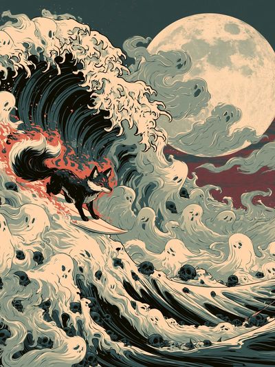 Fox Surfer Moonwave Illustration Poster.