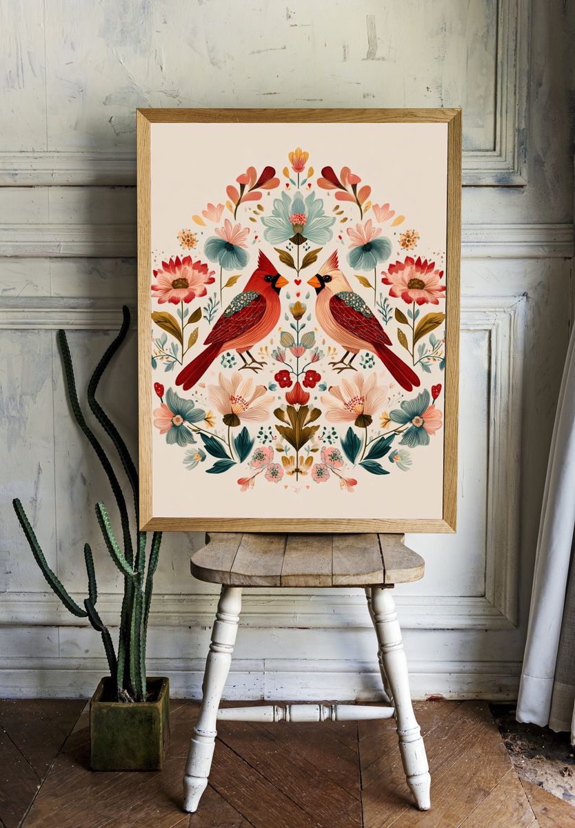 Cardinal Floral Symmetry Illustration Poster. room preview