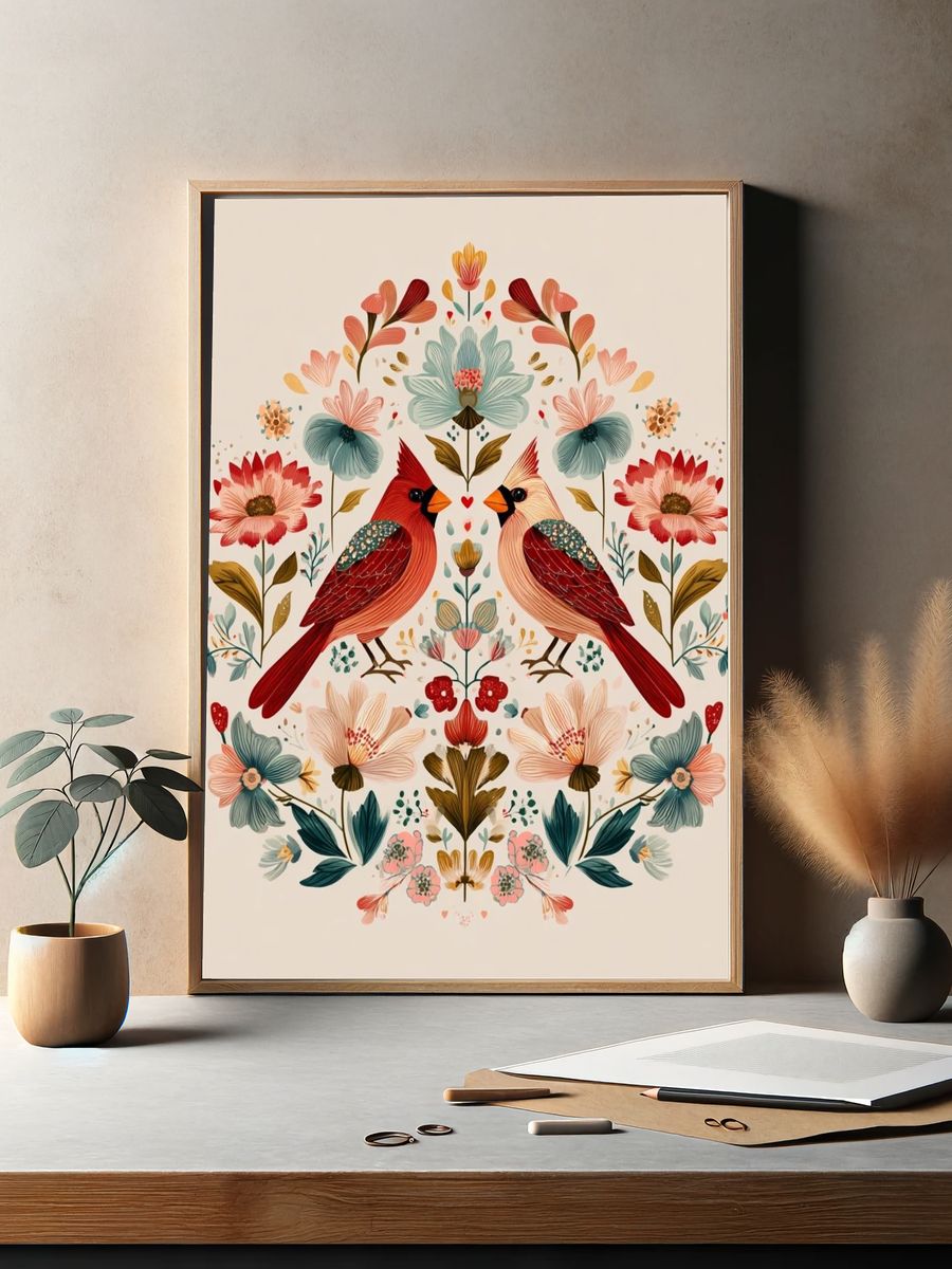 Cardinal Floral Symmetry Illustration Poster. — room view 2
