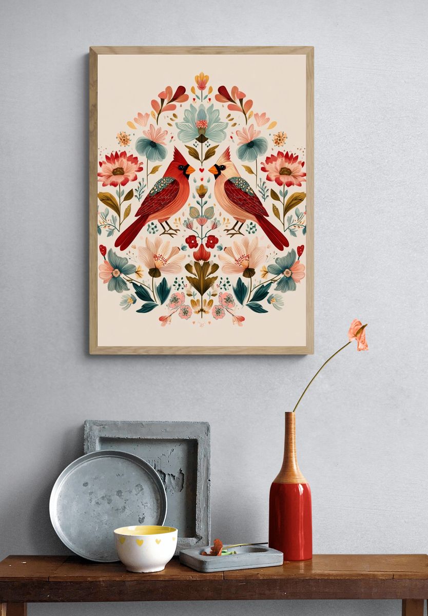 Cardinal Floral Symmetry Illustration Poster. — room view 3