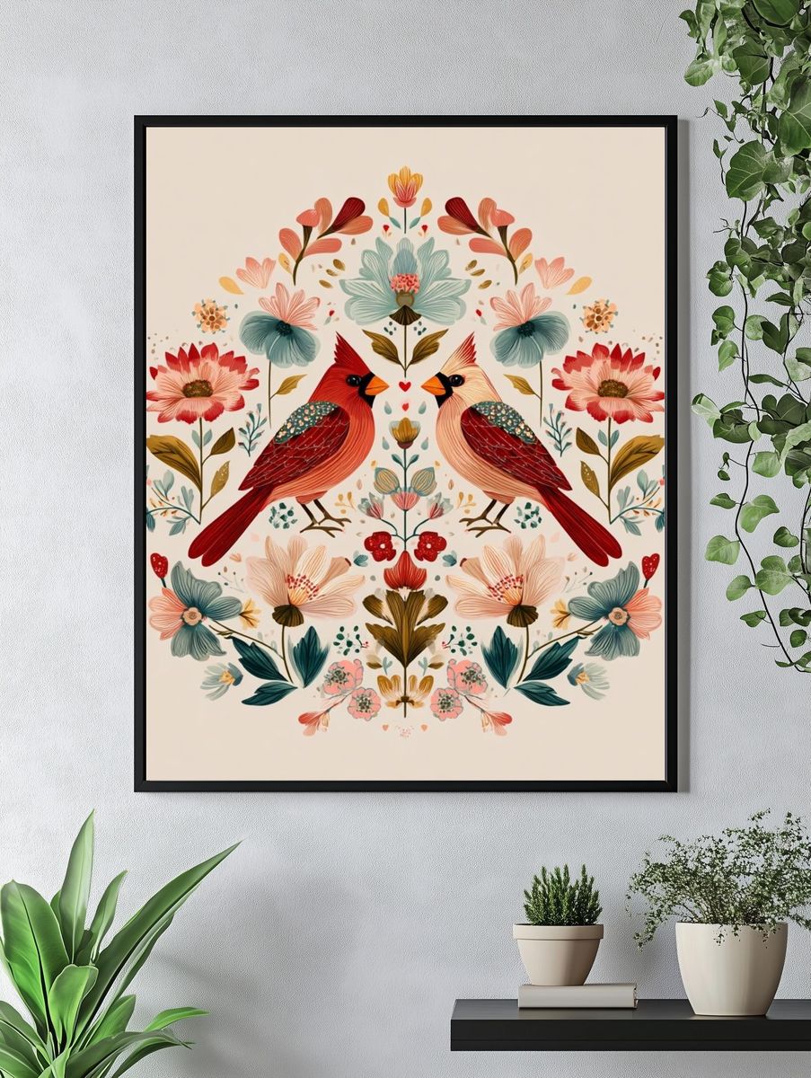 Cardinal Floral Symmetry Illustration Poster. — room view 4
