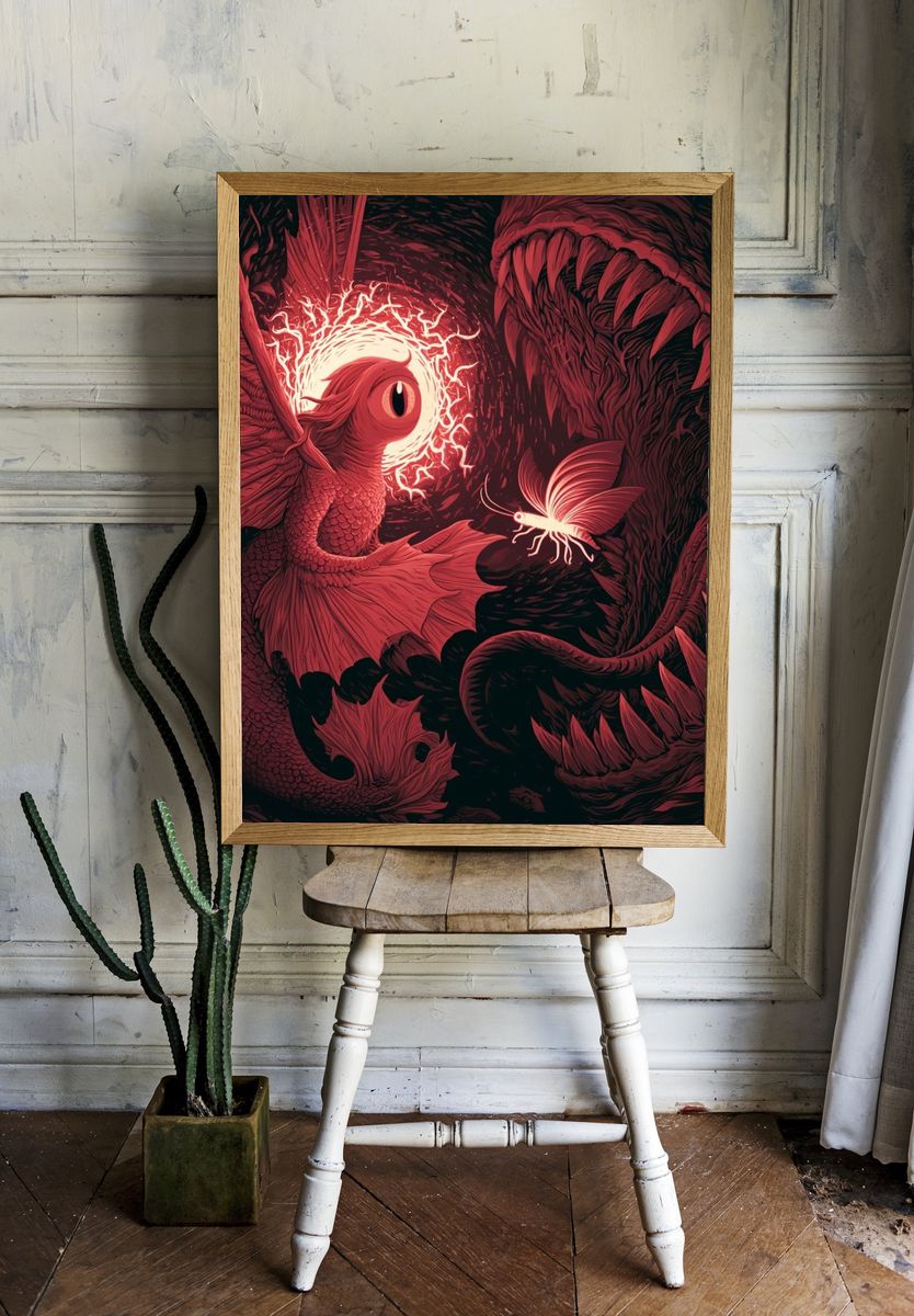 Crimson Dragon and Moth Illustration Poster. room preview