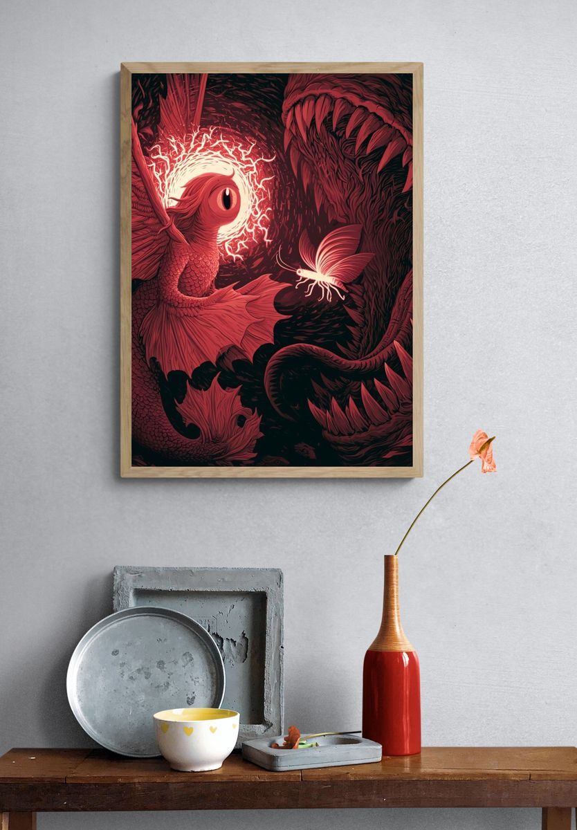 Crimson Dragon and Moth Illustration Poster. — room view 3