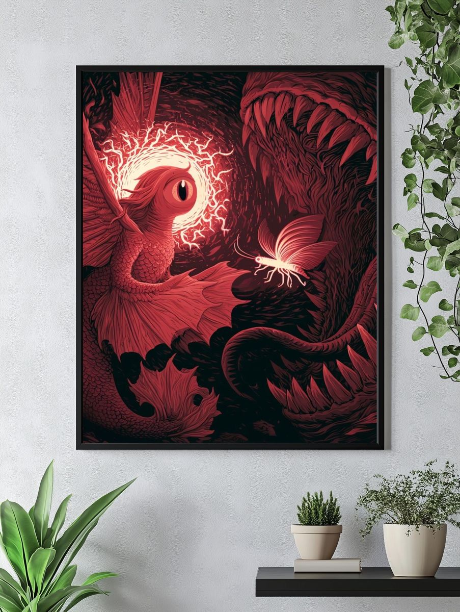 Crimson Dragon and Moth Illustration Poster. — room view 4