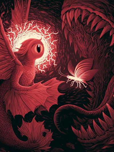 Crimson Dragon and Moth Illustration Poster.