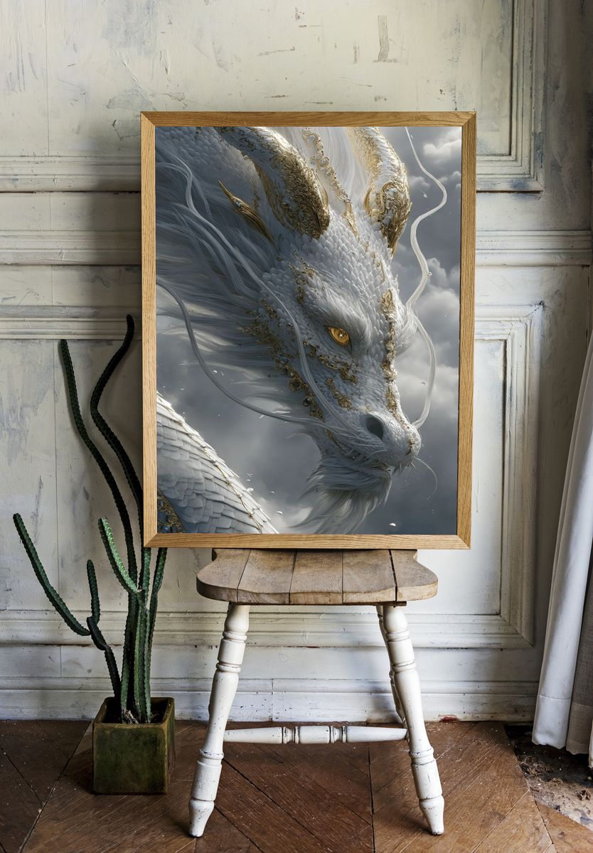 Celestial White Dragon Illustration Poster. — room view 1