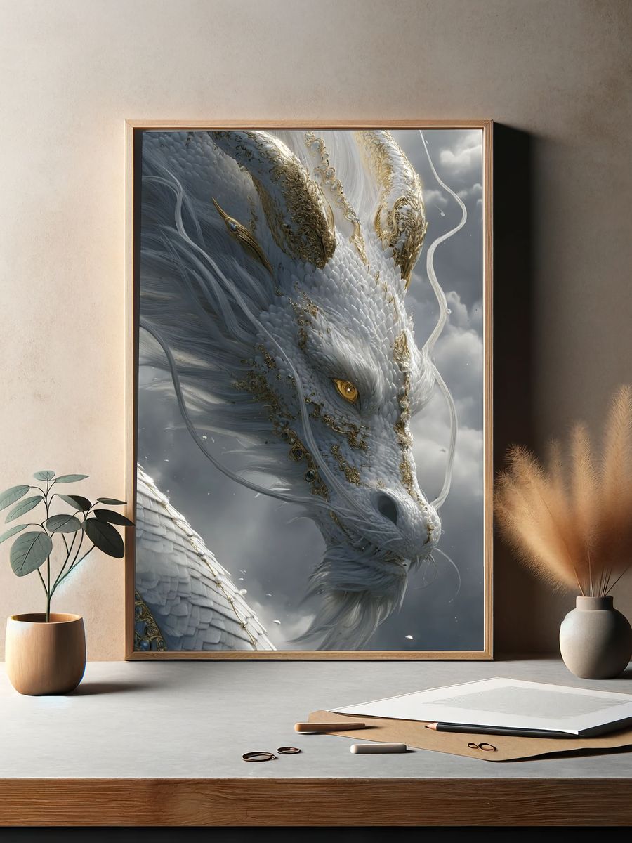 Celestial White Dragon Illustration Poster. — room view 2