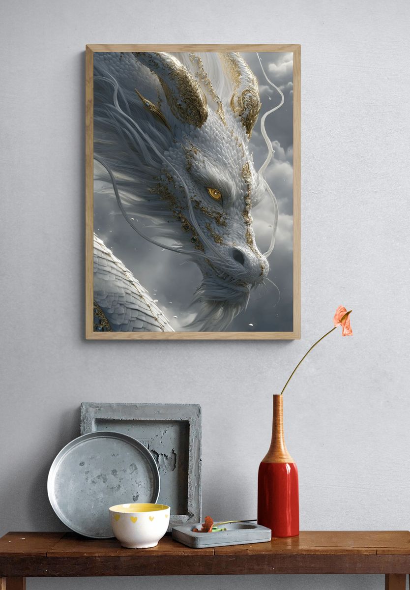 Celestial White Dragon Illustration Poster. — room view 3