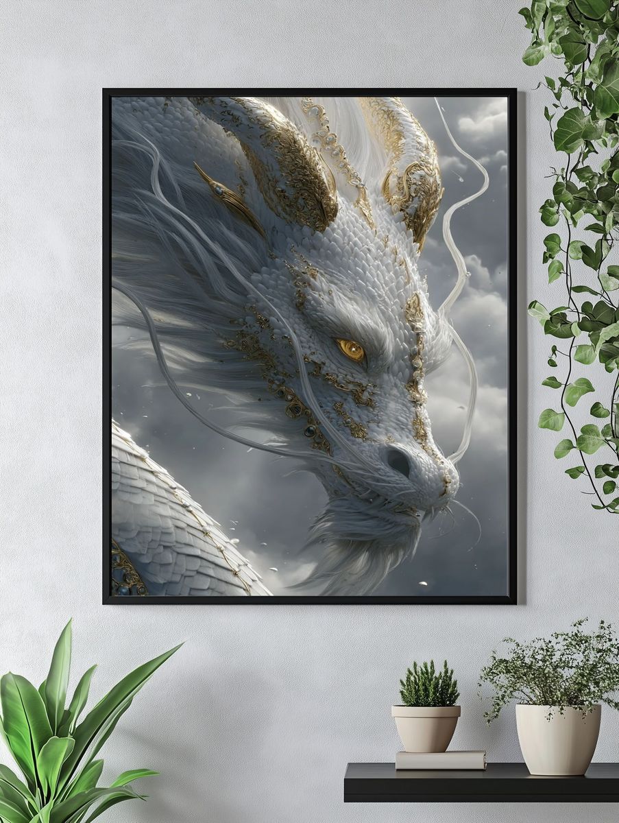 Celestial White Dragon Illustration Poster. — room view 4