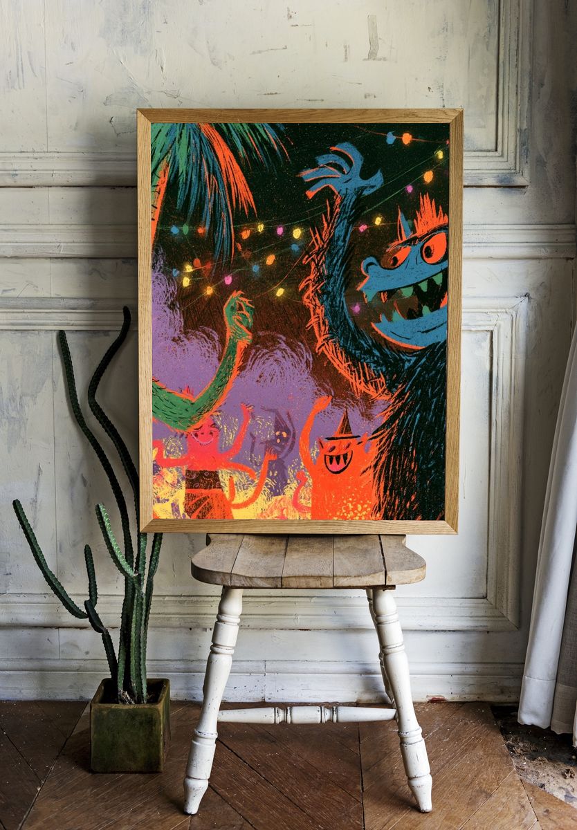 Monster Party Night Illustration Poster. room preview
