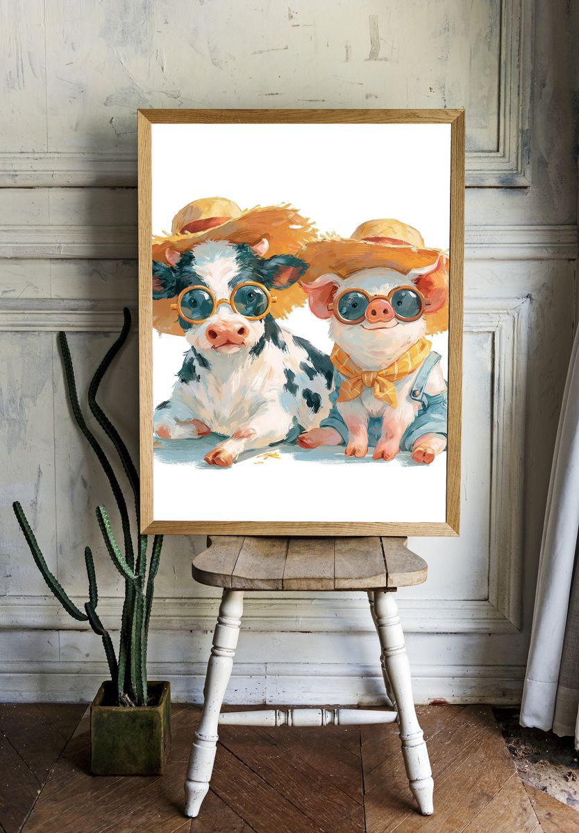 Cow and Pig Friends Illustration Poster. room preview