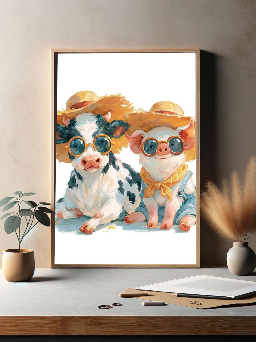 Cow and Pig Friends Illustration Poster. — room view 2