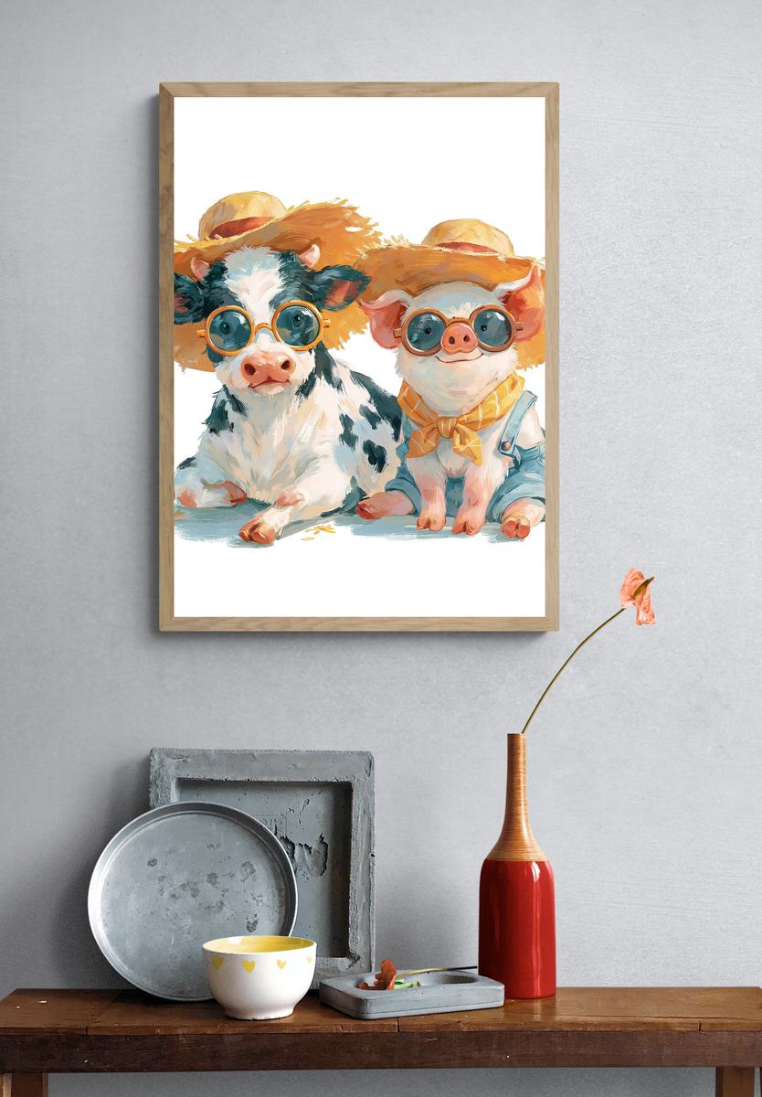 Cow and Pig Friends Illustration Poster. — room view 3