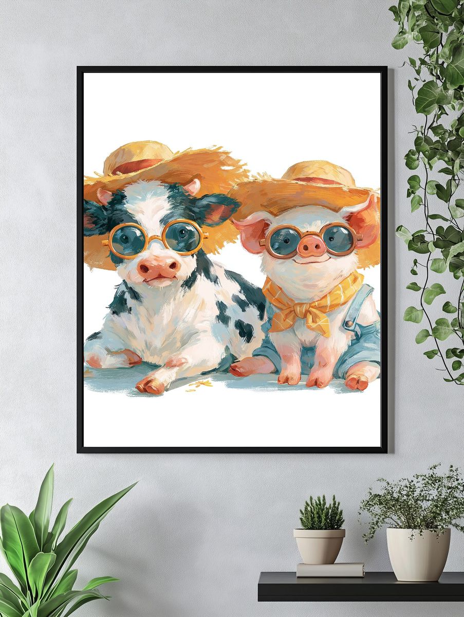 Cow and Pig Friends Illustration Poster. — room view 4