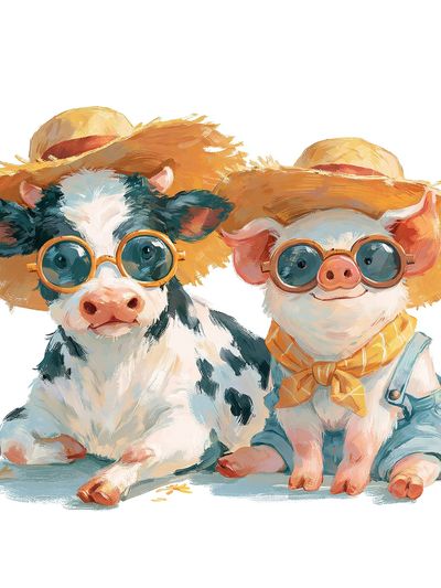 Cow and Pig Friends Illustration Poster.