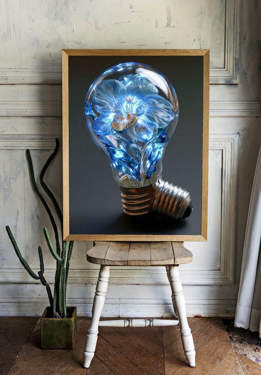 Blue Floral Lightbulb Illustration Poster. — room view 1