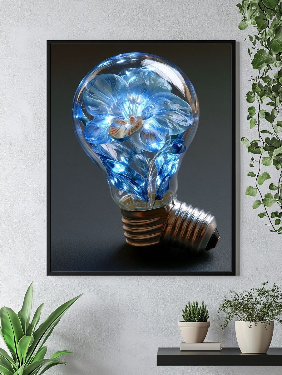 Blue Floral Lightbulb Illustration Poster. — room view 4