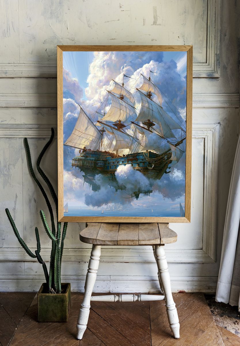 Skyborne Sailing Ship Fantasy Print. room preview