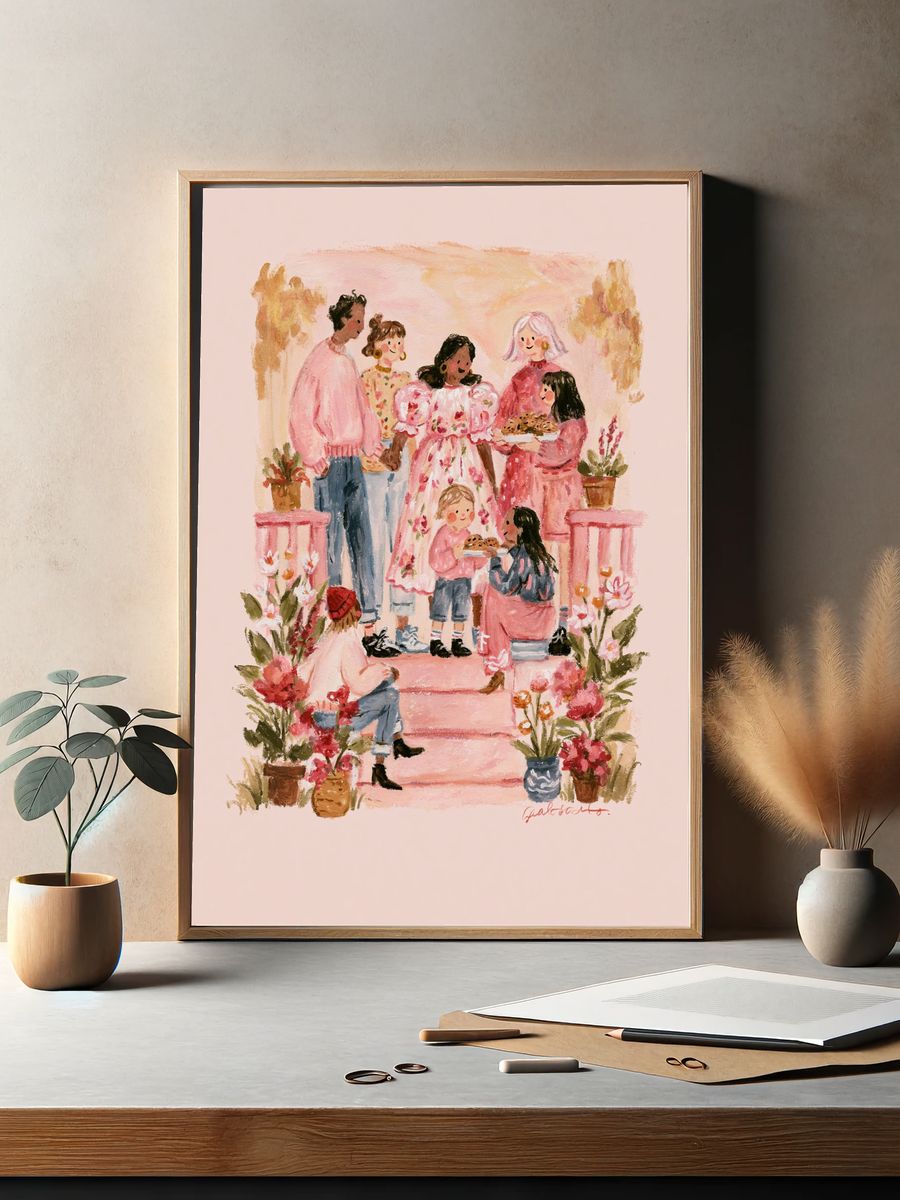 Pink Garden Gathering Illustration Poster. — room view 2