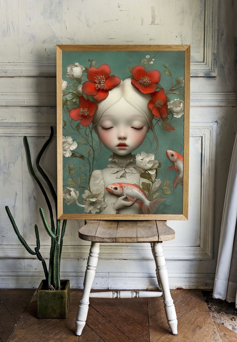 Dreaming Girl with Koi Illustration Poster. room preview