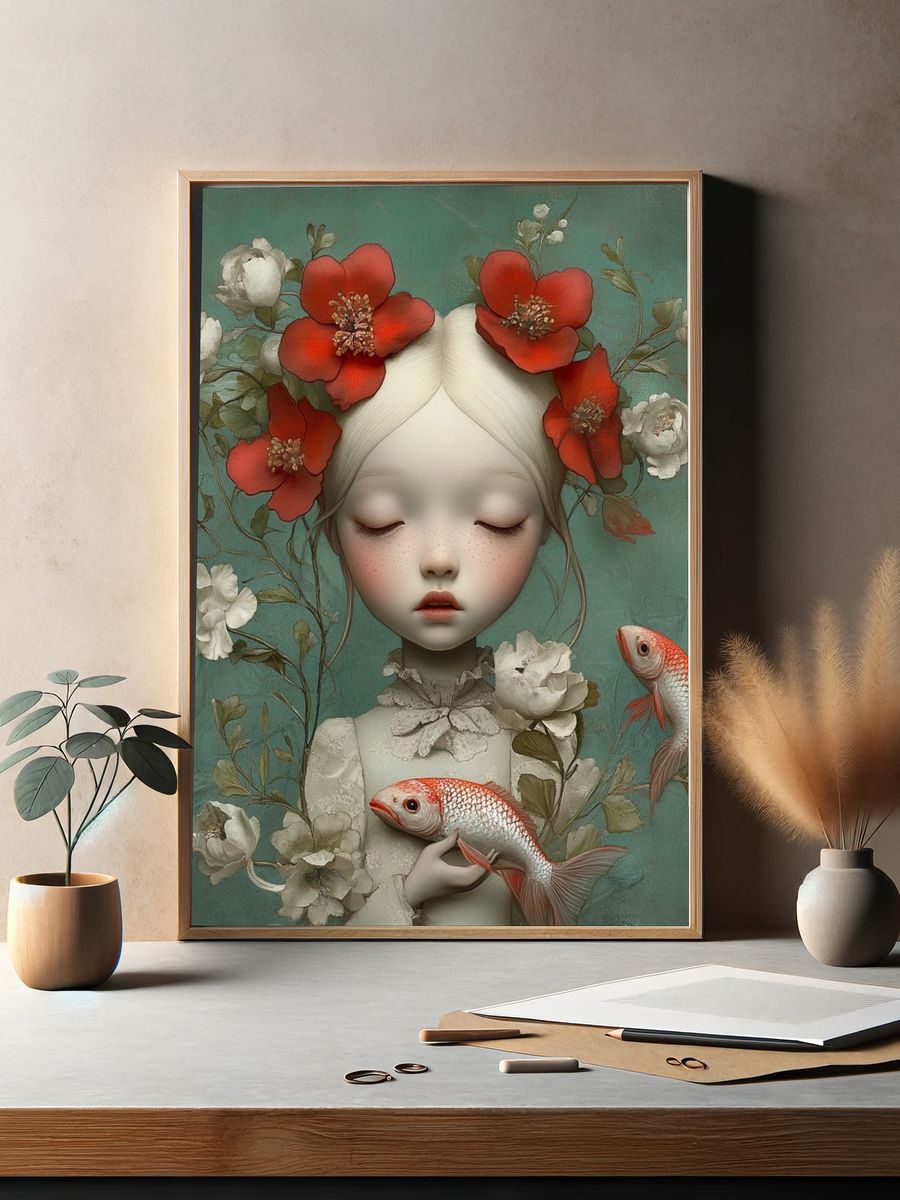 Dreaming Girl with Koi Illustration Poster. — room view 2
