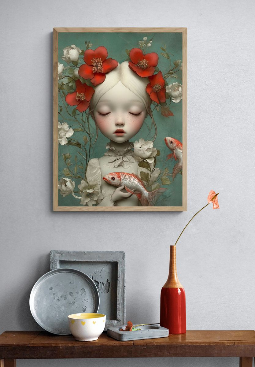 Dreaming Girl with Koi Illustration Poster. — room view 3