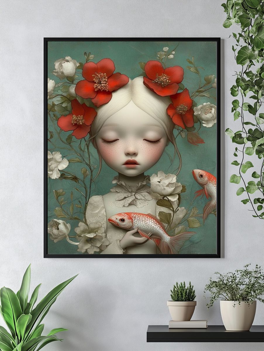 Dreaming Girl with Koi Illustration Poster. — room view 4