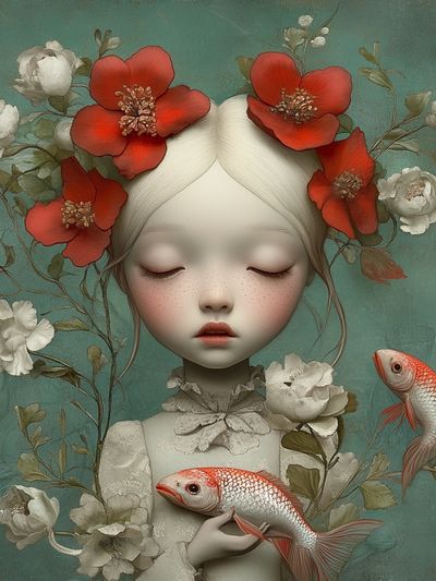 Dreaming Girl with Koi Illustration Poster. poster