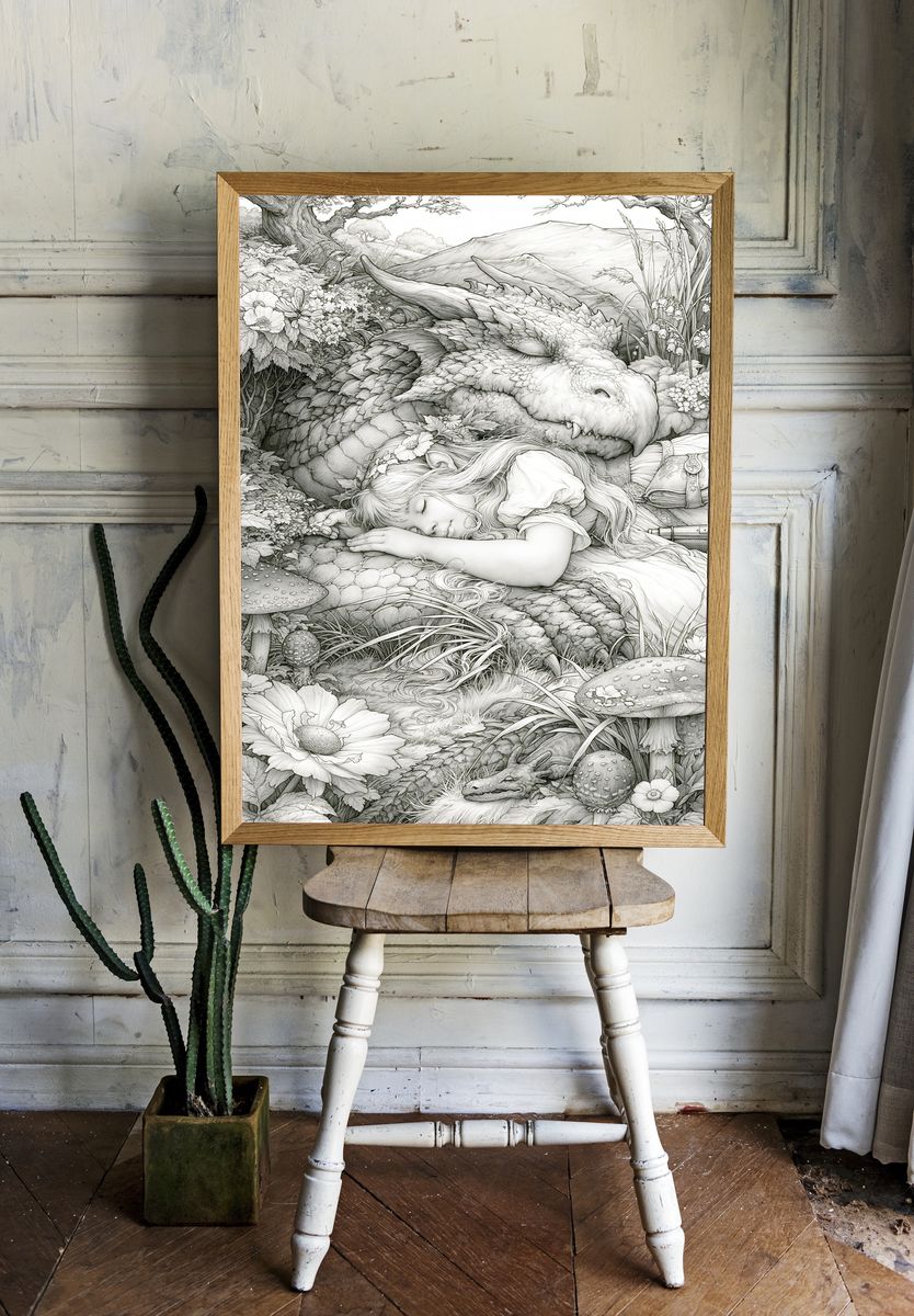 Sleeping Dragon Fantasy Illustration Poster. room preview