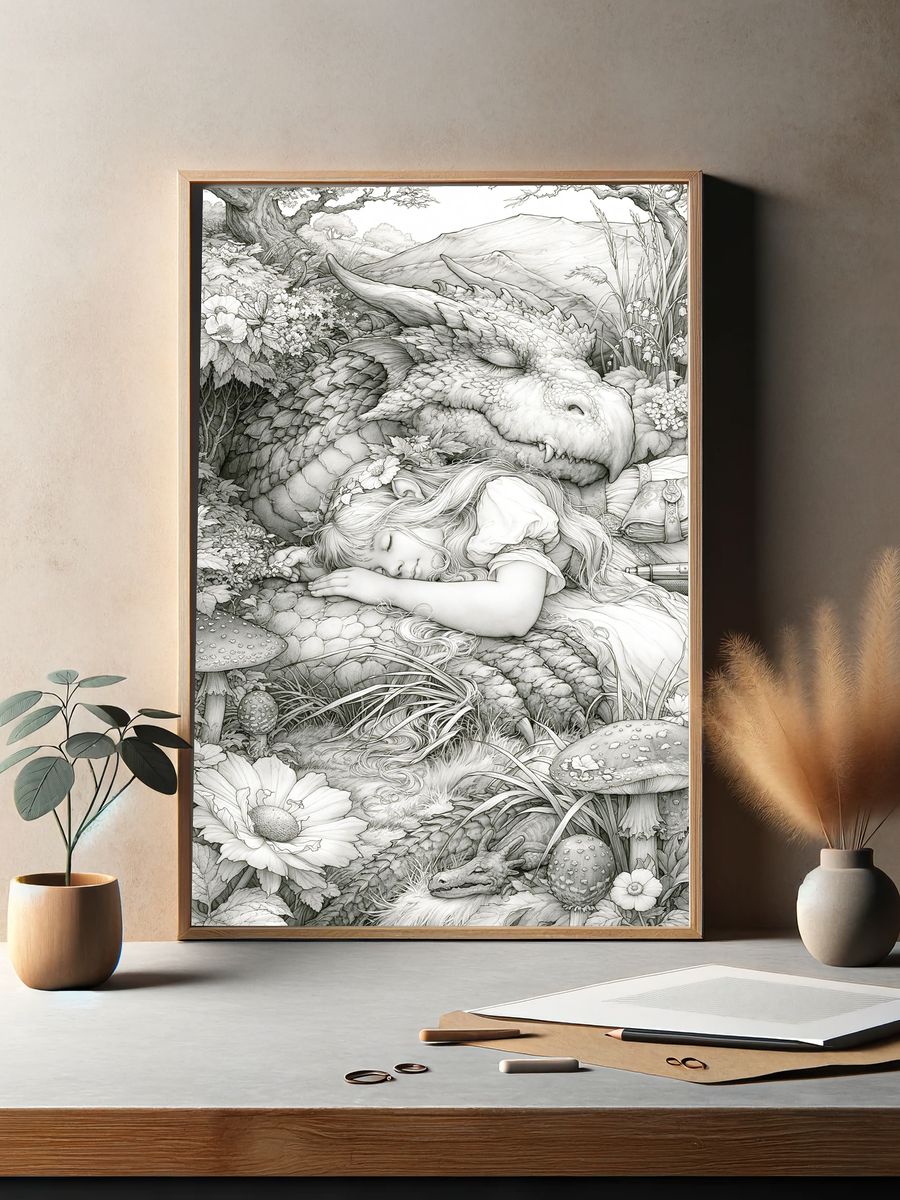 Sleeping Dragon Fantasy Illustration Poster. — room view 2