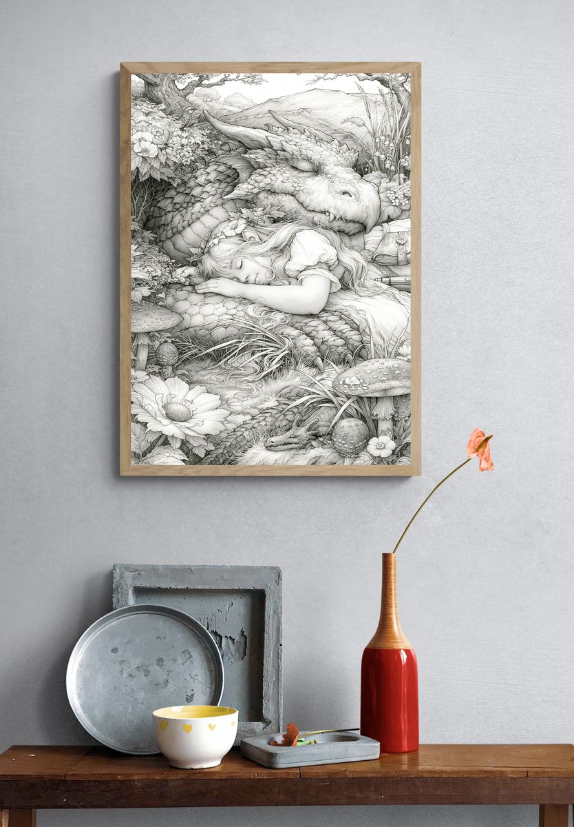 Sleeping Dragon Fantasy Illustration Poster. — room view 3