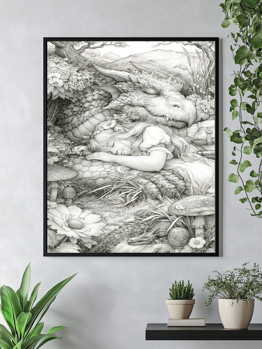 Sleeping Dragon Fantasy Illustration Poster. — room view 4
