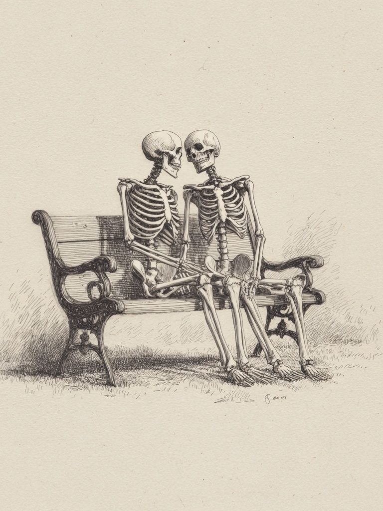 Skeleton Couple Bench Illustration Print. poster detail