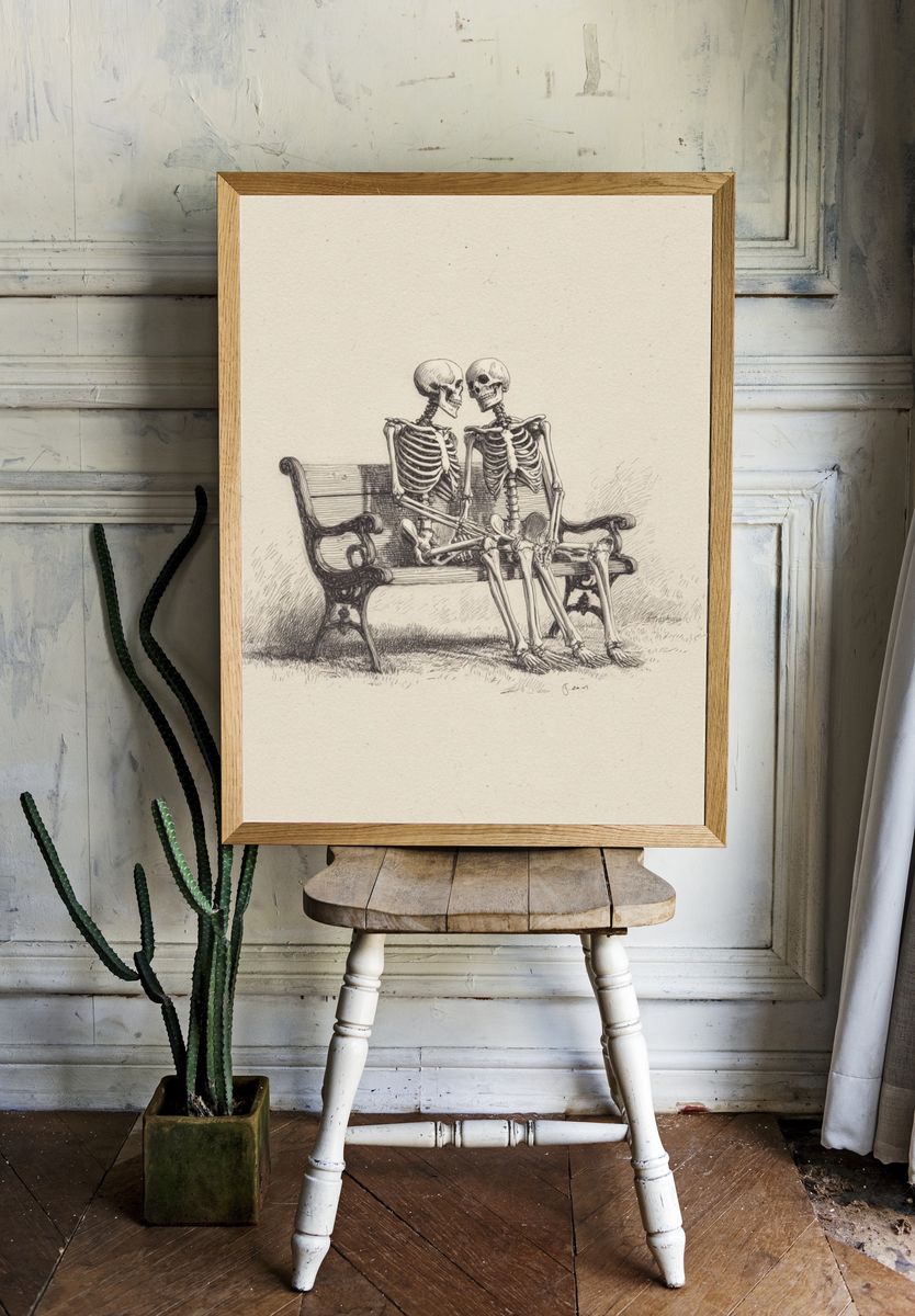 Skeleton Couple Bench Illustration Print. — room view 1