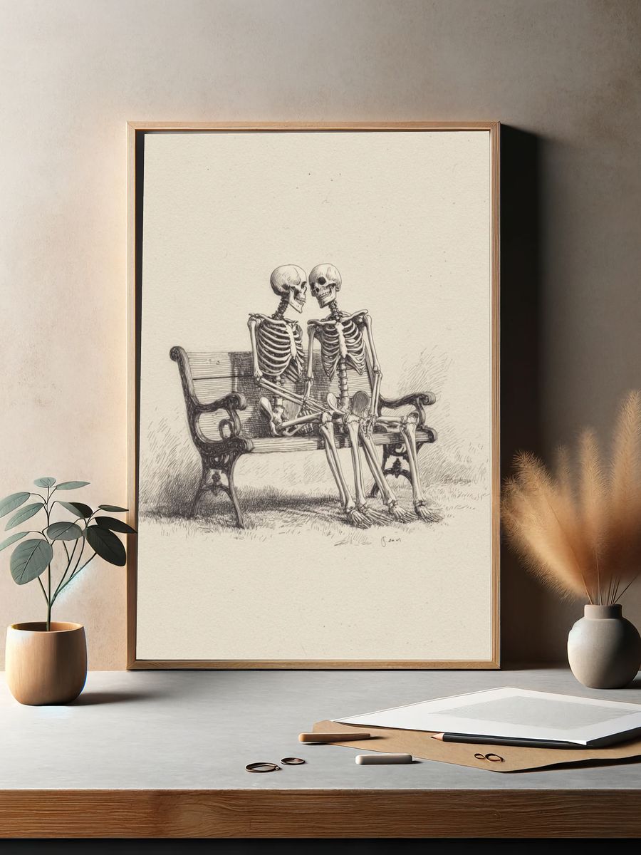 Skeleton Couple Bench Illustration Print. — room view 2