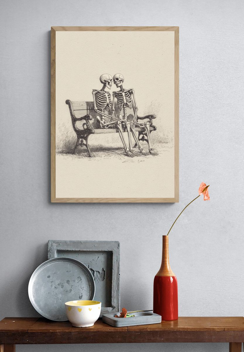 Skeleton Couple Bench Illustration Print. — room view 3
