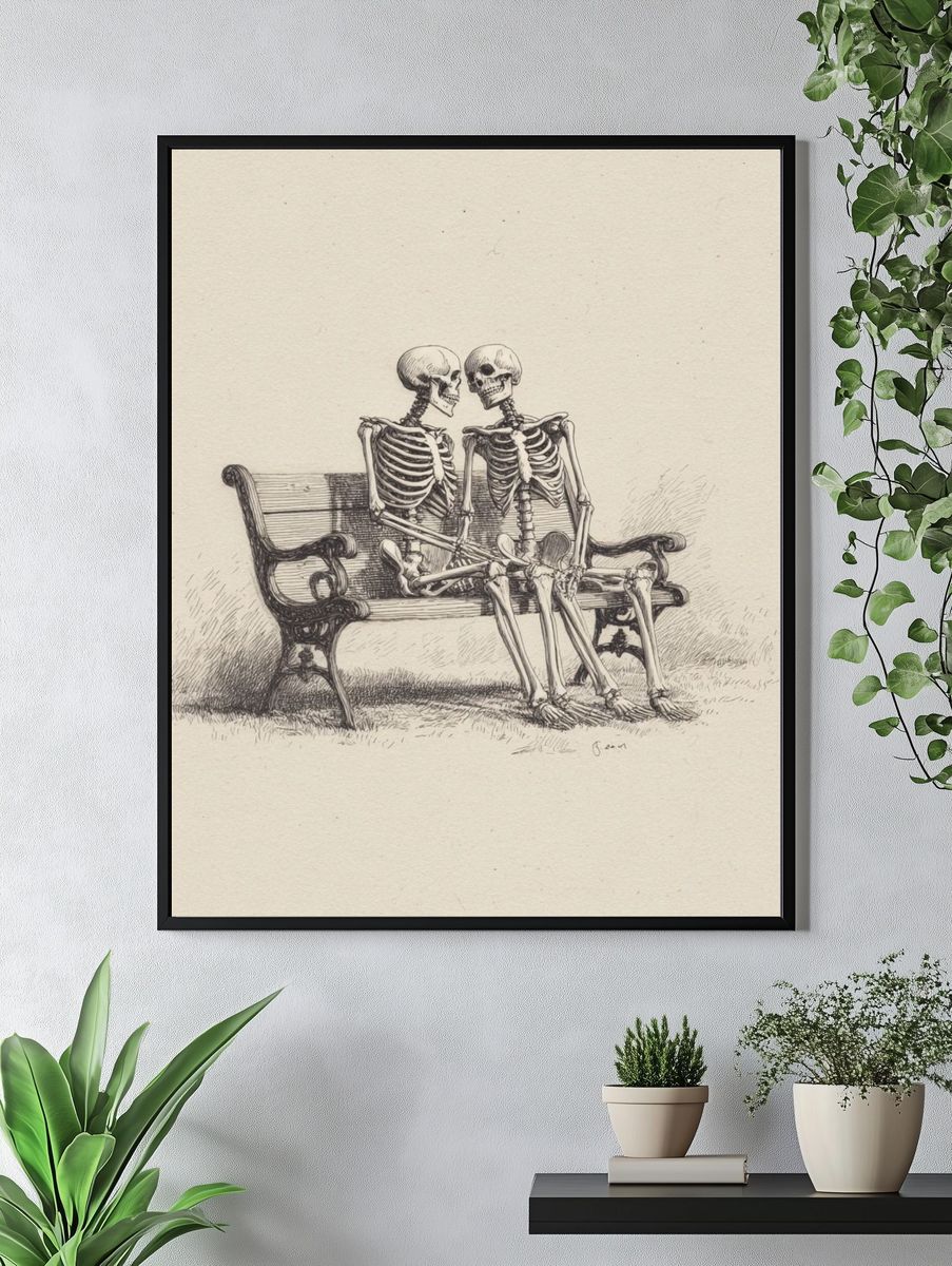 Skeleton Couple Bench Illustration Print. — room view 4