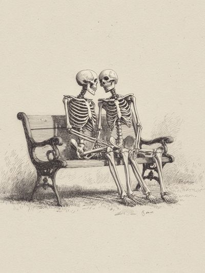 Skeleton Couple Bench Illustration Print. poster
