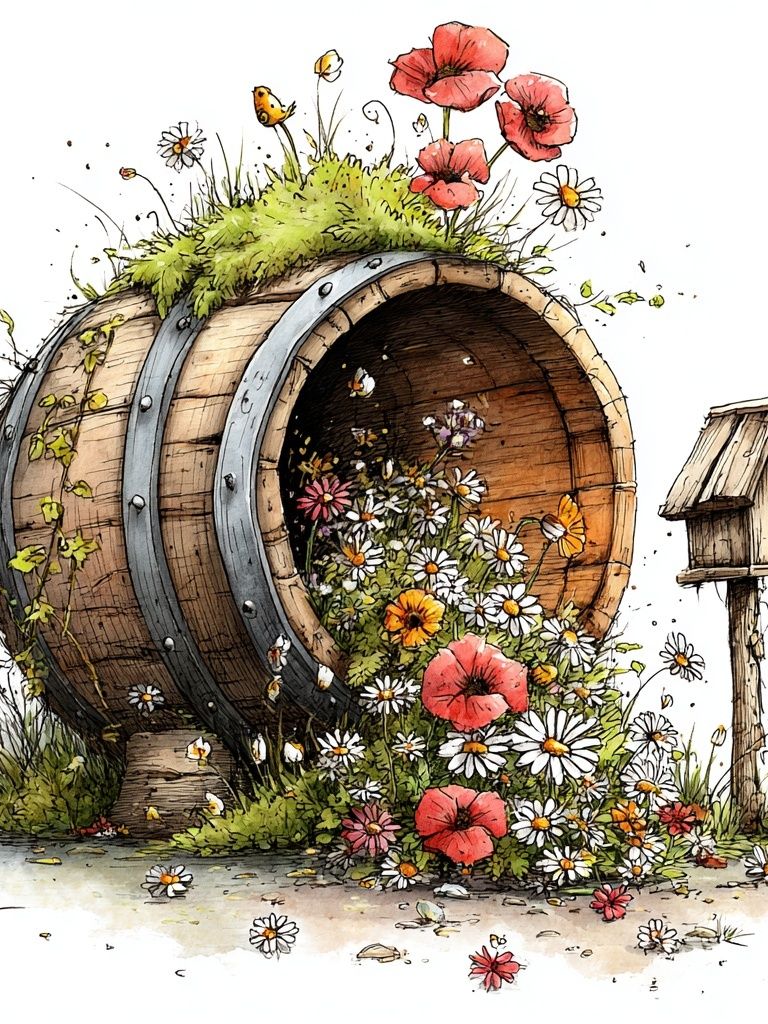Flower Barrel Garden Illustration Poster. poster — illustration art