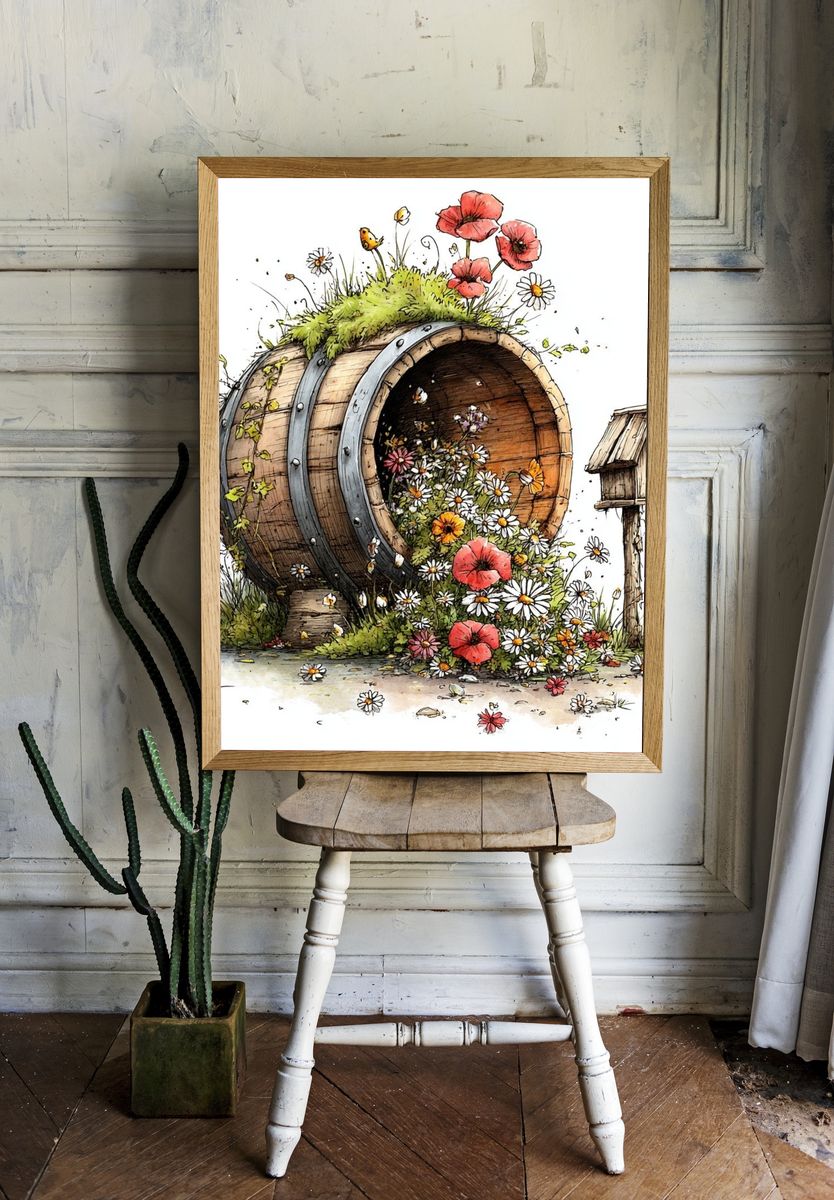 Flower Barrel Garden Illustration Poster. — room view 1
