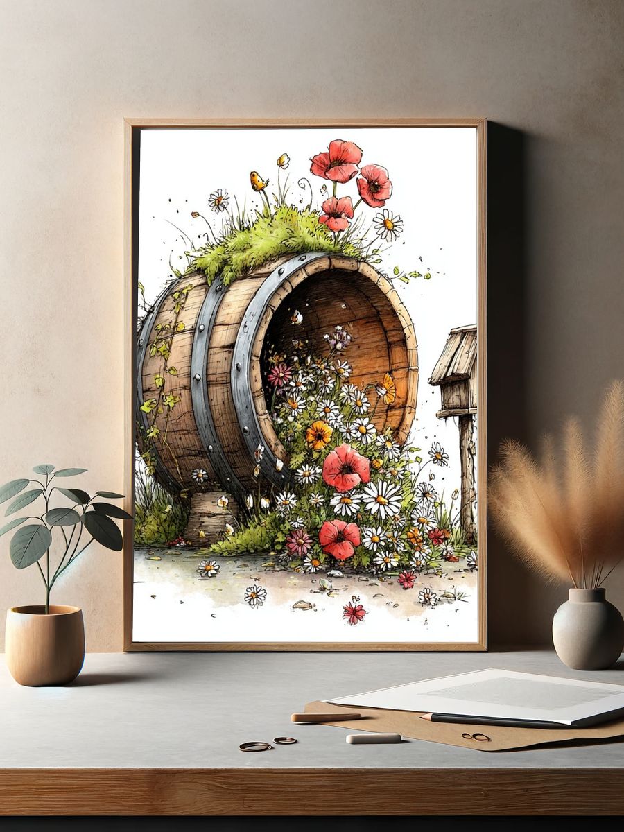 Flower Barrel Garden Illustration Poster. — room view 2