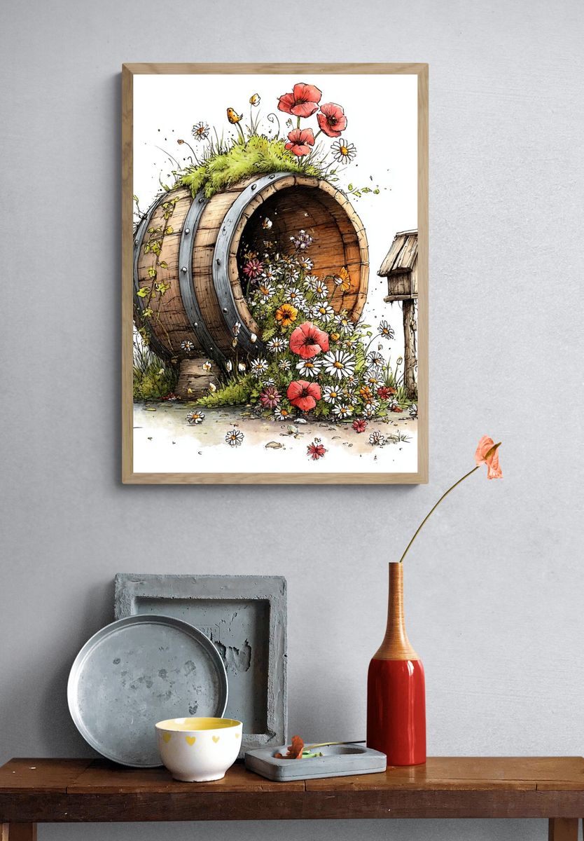 Flower Barrel Garden Illustration Poster. — room view 3