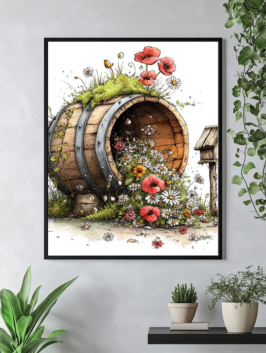 Flower Barrel Garden Illustration Poster. — room view 4