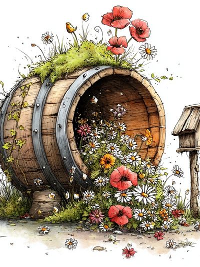 Flower Barrel Garden Illustration Poster. poster print