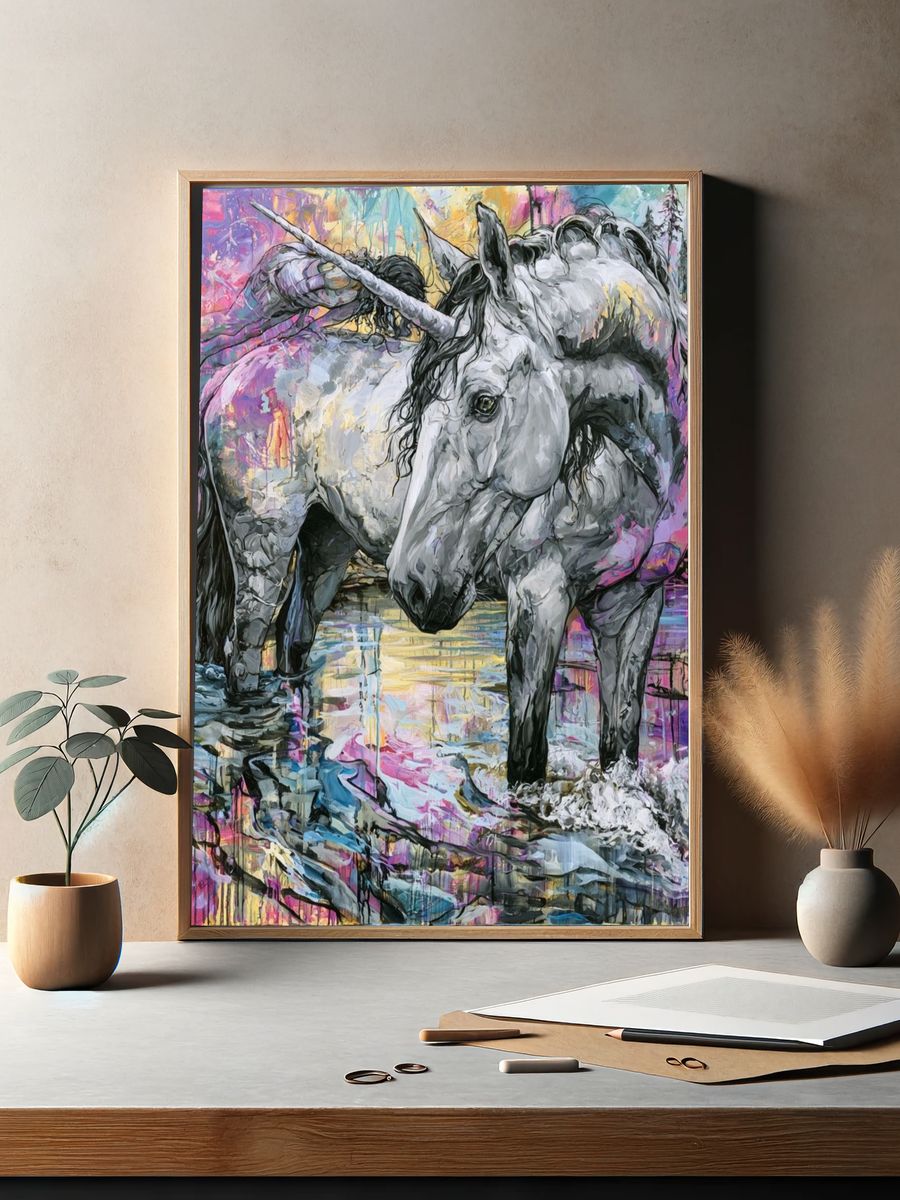 Unicorn in Colorful Forest Poster. — room view 2