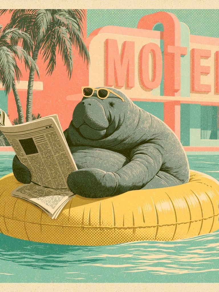 Manatee Motel Retro Illustration Poster. poster detail