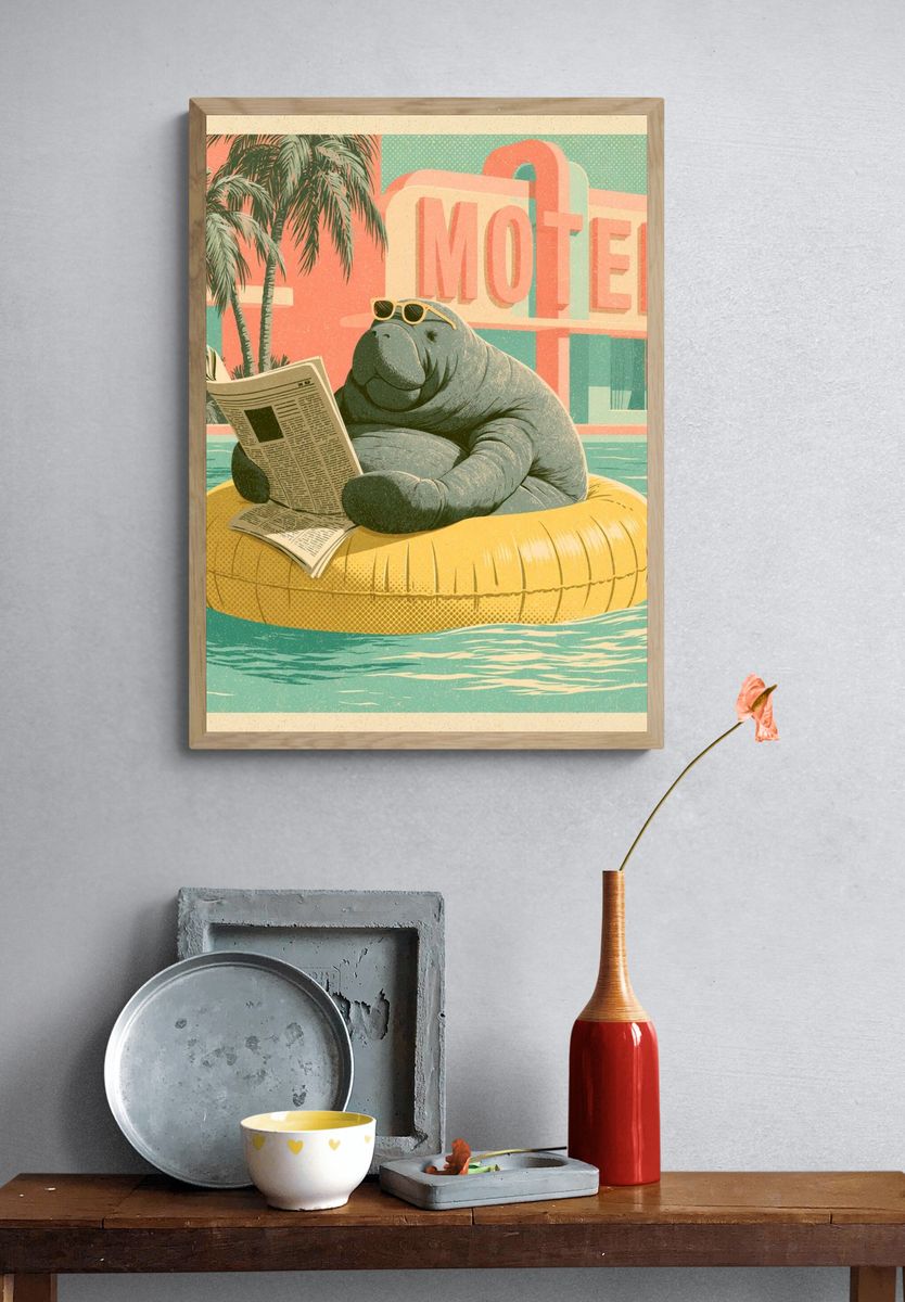Manatee Motel Retro Illustration Poster. — room view 3